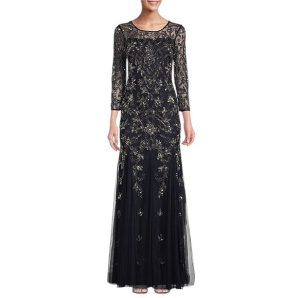 Adrianna Papell Size 4 Beaded Illusion Midnight Blue 3/4 Sleeve Evening Gown - Picture 1 of 16